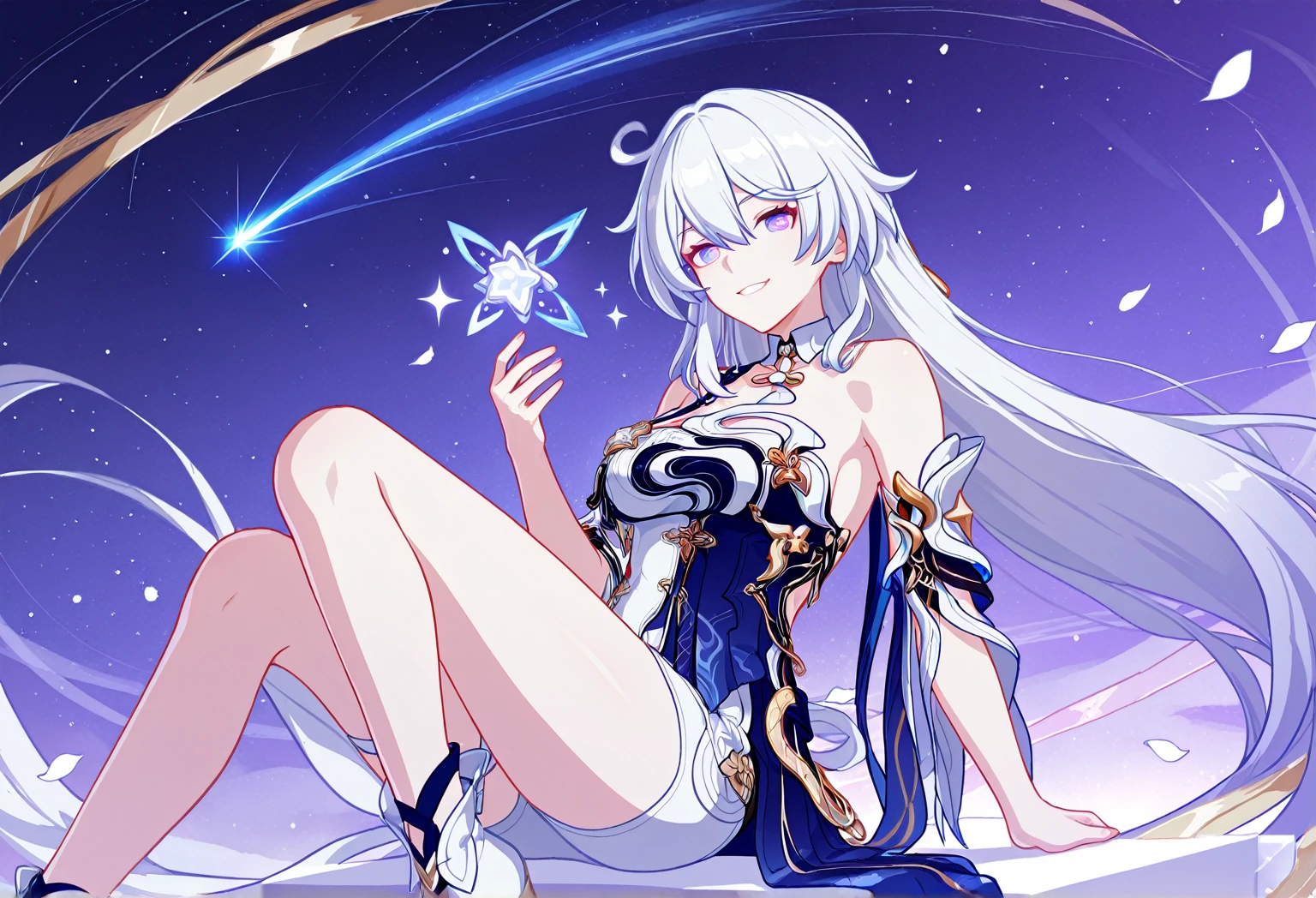 Character sheet , anime girl , long white hair, broken horn on left side of head ,  blue eyes, fantasy  white clothes, white fantasy skirt , galaxy , high res, ultrasharp, 8K, masterpiece, looking at viewer , full body