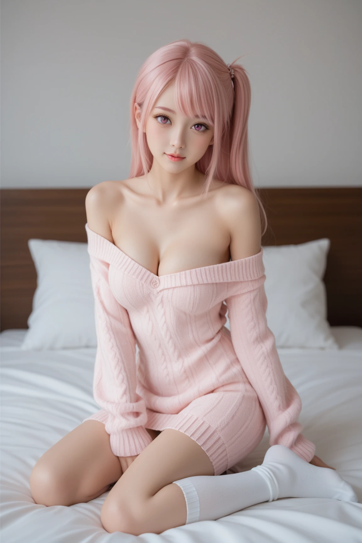 a cute girl, blue eyed, pink and long hair, breast, Wearing a sweater, On bed, by style of onii kei, dreamy and romantic, light gray and light amber, jagged edges, light teal and light red, timeless beauty, 8k