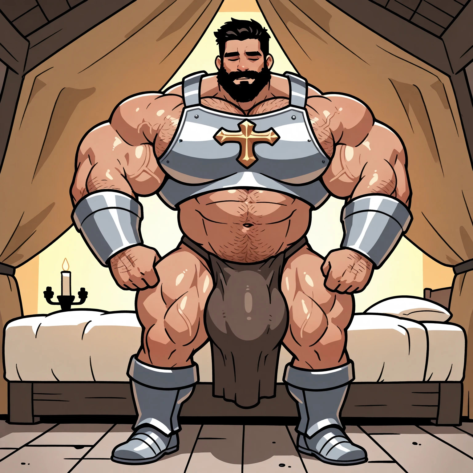 frontface, copper hair man in top hat long beard wearing a string of black red and white beads, very strong mass beefy body wearing black and red silk pants with felt cape with black collar barefoot in florest, thick dick cumming, show cock, Very hairy body, show biceps