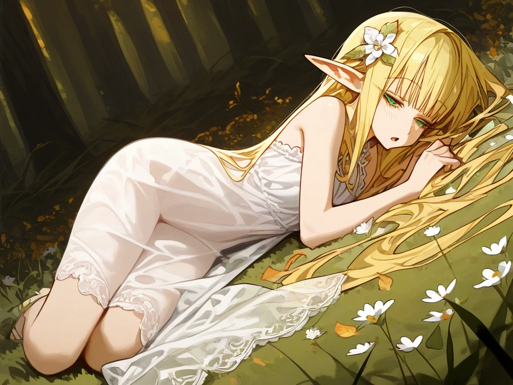 Top quality, masterpiece, 1 person, elven woman, blonde, long hair, emerald gemstone eyes, gwaiz style, dim, celtic forest, sexy but cute, sleeping quietly on a bed of soft green leaves, older sister, 25 years old, faint light particles floating around, creating a mysterious and fantastic atmosphere