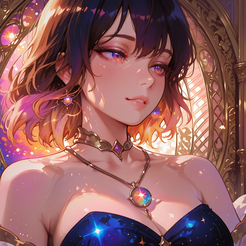 Attention to detail, Super Detail, Ultra-high resolution, A girl having a good time in a dream galaxy, Surrounded by stars, The warm light that shines on her, The background is a starry sky with colorful galaxies and galactic clouds, The stars fly around her, Delicate face, Add a playful touch , 