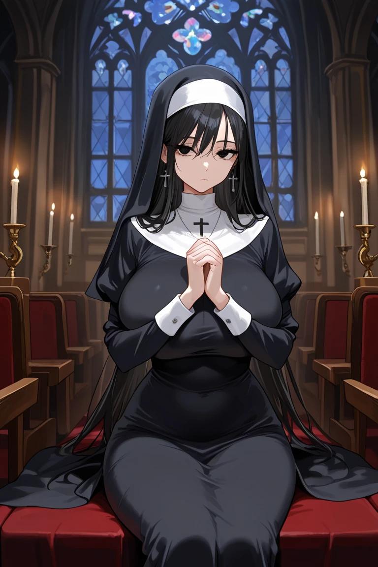 masterpiece, best quality,1girl, (breasts:1.1)sagging breasts, black hair, gold eyes ,nun, church ,cross necklace ,bodysuit ,shiny cloth ,holding book. night,Candle