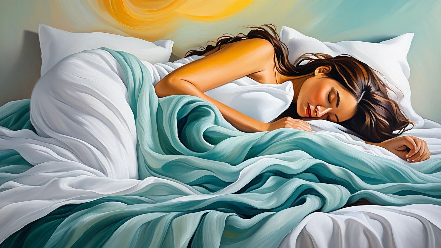 A painting of a woman with her eyes closed, ((golden ratio}} laying on the sofa after a long night on the town, a sensual painting, a Beautiful expressive painting, Wadim Kashin. Ultra photo realism, Louise Ross, digital painting art, Perceptual digital painting, Stylish digital painting, Bonito painting, glossy digital painting, beautiful digital painting, digital art painting, Fine paintings, ((Rod acrylic paint)).