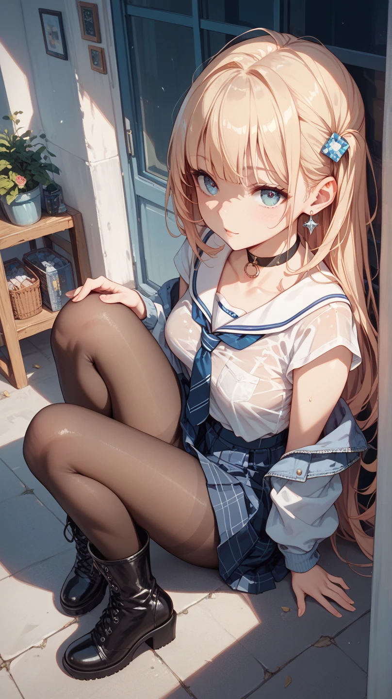 1girl,long blonde hair,one side up,blue eyes,(black thighhighs),sitting,knees up,no shoes
