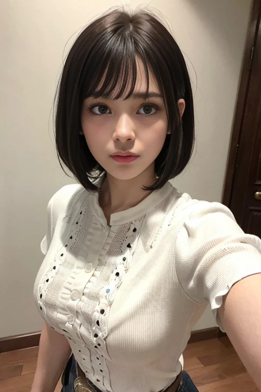 -yeld gi Black bob cut, (Thin eyebrows), Oversized T-shirt, Grey T-shirt, Wet T-shirt, (Huge breasts), ((avert your eyes)), Symmetrical eyes, Upper Body, Washroom, Wet clothes, Low lighting
