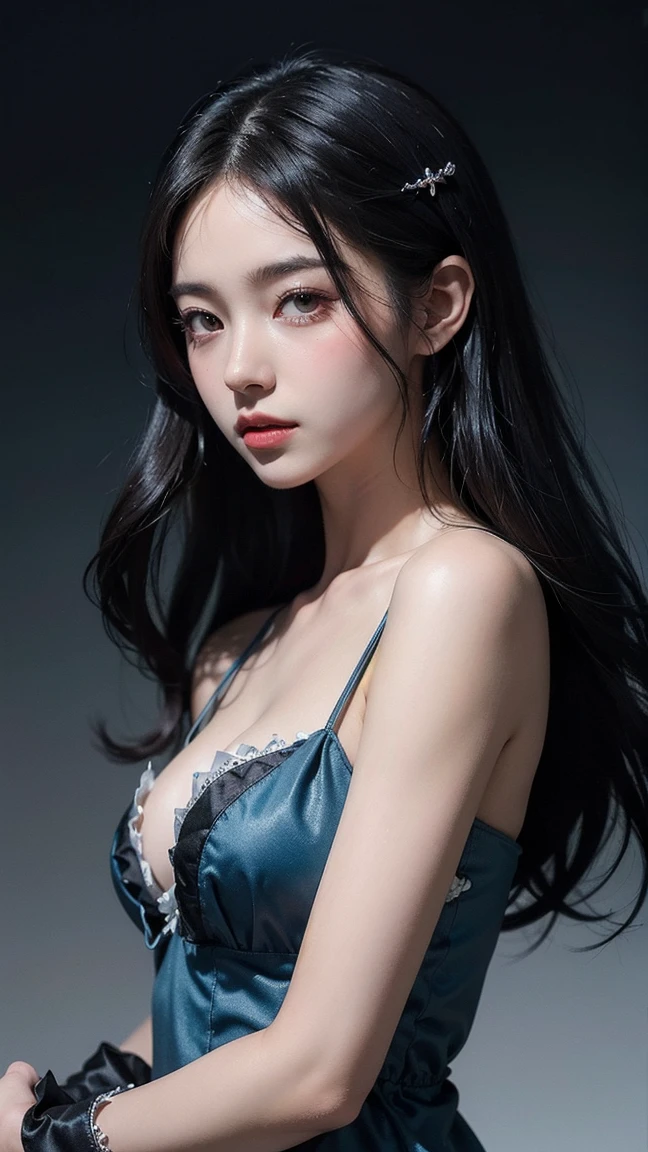 (((sfw:1.5)))、((Near the huge summer pool)), Real、8k、 ((Anatomically correct)),   18-year-old、1 female、Huge upper chest、Big cleavage、round face、Baby Face、Cute Smile、Sunburn、 A close-up of her face:0, Top quality soft lighting,Blue hair color、 ((realistic perfectly round brown_eye:1.3、Big Eyes、Dripping eye)), (Light tan complexion), ((Detailed pupils:1.4)), (Perfect Makeup:1.3), (Symmetrical lips:1.3)),(Bright shiny red_lipstick:1.35), ((Blue eyelashes: 1.17)), (Very detailed, Beautiful little nose:1.2), (Perfect composition), ((Sunburned skin:1.28)), ((Oily skin)), ((The blackＹshirt, The blackチューブトップブラジャー) , The background is simple and blue, The gaze is directed downwards at a low angle、 (((Anatomically correct)))、（Perfect Body Proportions)、(Natural Hands、Natural Fingers、Natural Legs)