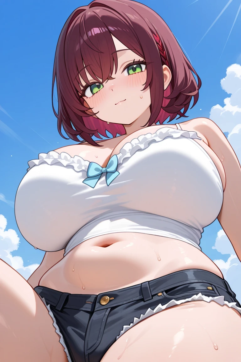 Hentai、Highest quality、A short, chubby, busty female camper having a barbecue at a campsite under a rock at night、、Perfect proportions、Overwhelmingly large breasts、Plump thighs、Fatty legs、Beautiful sparkling eyes、smile、Blushed、Cowboy Shot
