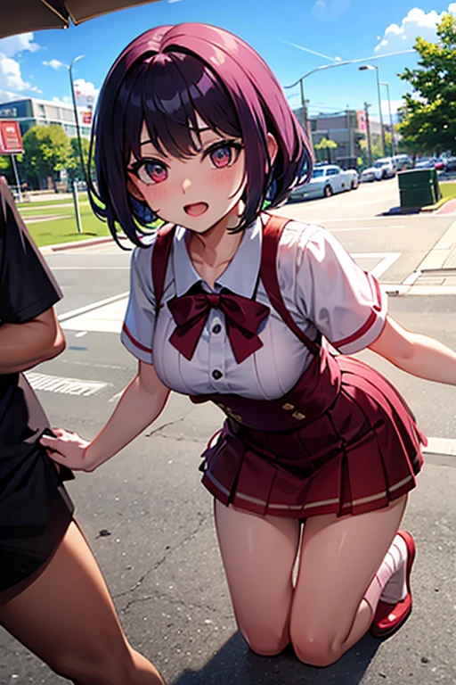 (nsfw),masterpiece,ultra detailed,sharp focus,4k digital art,high resolution,(back shot,from behind),(happy and blushed:1.7),tareme,(adult beautiful face,curvy adult body:1.3),(from above:1.4),(school cardigan:1.3),dress shirt,black cotton socks,(navy and pleated skirt:1.2),bow tie,(black hair),outdoor,public park,(sweaty:1.2),grinning,(trembling,flying heart-shapes),(crawling on ground and spreading legs),(sexy and laced red tanga:1.3),loafers,crowd in background,gigantic ass,drooling,heart pupils