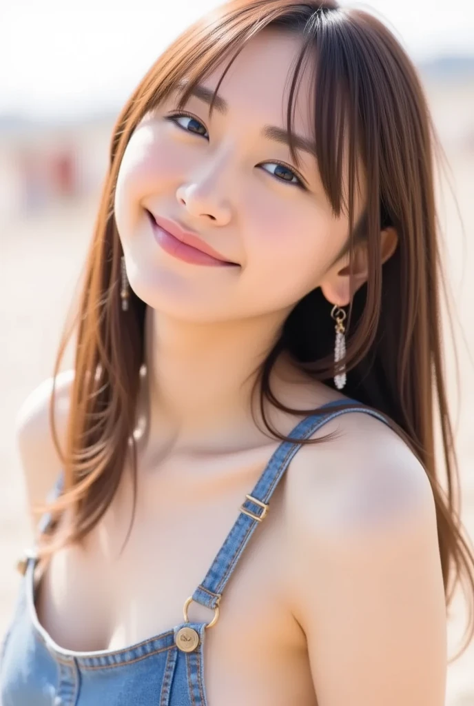 8K,Best Quality, 超A high resolution, (Photorealistic:1.4),masterpiece:1.2, Raw photo, (upper thigh, From Side:0.7), (Bokeh:1.2), sea side, (in a suite:1.6),sand beach, 1日本人の女の子, Cute, (Solo:1.6), (Shy smile), Smooth skin, (Brown medium hair,Bangs), (touch hair:1.4),nogizaka,Cute swimsuit,Supple fingertips,Beautiful eyes:1.3