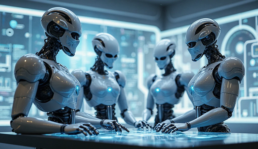 Good looking men robot is wearing Hi-Tech advance suit and giving education style in ai style