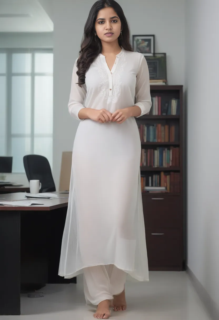 Day scene, A radiant, full-figured South Indian 3 aunty a white colour chiffon fully transparent kurta ,standing, in a office captured in a full-body image with vibrant hues and meticulous details. Full body image