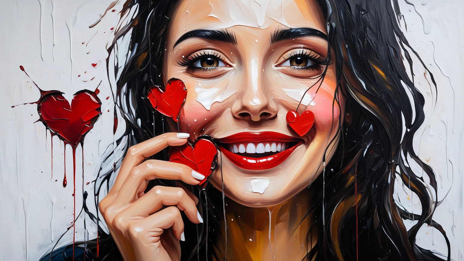 19 years old innocent cute woman with (hearts flying around her) expressing the love she has, so happy, swirling hearts, trails, Mauritian, black long hair, sparkling eyes, eyesore, gil elvgren, roberto ferri, sachin teng, james jean