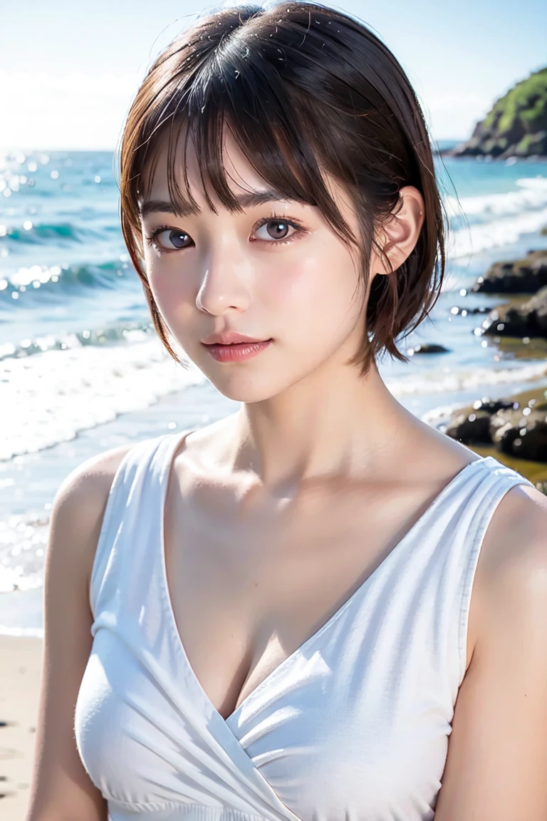 (masterpiece), (Highest quality), (Very detailed),(Disheveled Hair),(shape), (One Girl), (bikini), Are standing, Fashion Model, View your viewers, (interview), (Beach),Beautiful details, Delicate and beautiful face, floating,(High chroma),(Colorful splashes),Colorful bubbles,(The Shining), Focus on the face, Hair Ring, Floating Flowers, Floating Hair, (The Shining), Best lighting, Best Shadow,