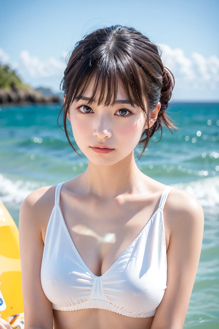(table top:1.3), high resolution, very detailed, very detailed CG Unity 8K 배경화면, realistic, realistic, RAW photos, Really detailed face, pale skin, Realistic glowing skin, detailed cloth texture, Detailed hair texture, perfect body, beautiful face, Acura, anatomically correct, very detailed 얼굴과 피부 질감, natural neck length, (beautiful hands), (fair skin:1.2), thin legs, thin feet, sexy thighs, (moles under the eyes:1.2),(thick body),(Short hair),(fold your arms behind your head:1.3),
detailed eyes, symmetrical eyes, light brown eyes, double eyelid, thin eyebrows, (shiny lips:1.4), ((sexy face:1.3)), (blush:1.1),
(very pretty girl:1.3), (Wearing a white bikini:1.2),
(big bust:1.5), (firm chest, nice shaped breasts:1.1), strong abs,
(dark brown hair, wavy hair, medium long hair:1.2), ((asymmetrical bangs:1.2)), (thin fabric:1.2),
((Alluring pose with breasts out:1.3)),
((at the beach:1.2)), (cowboy shot:1.2), looking at viewer, looking at the camera,