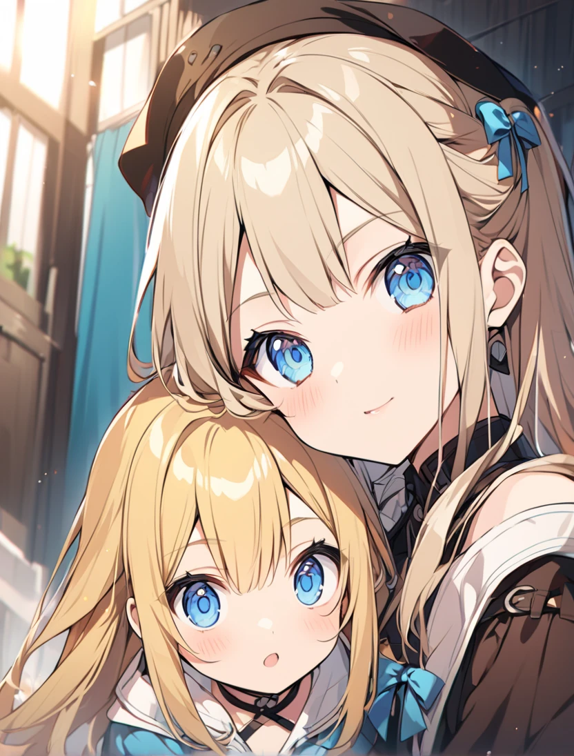 Global Illumination、A masterpiece、maximum quality、Full polygon、Smoothing、Fine touch、semi long、Blonde hair、With bangs、Blue Eye、Happy smile、Night light
