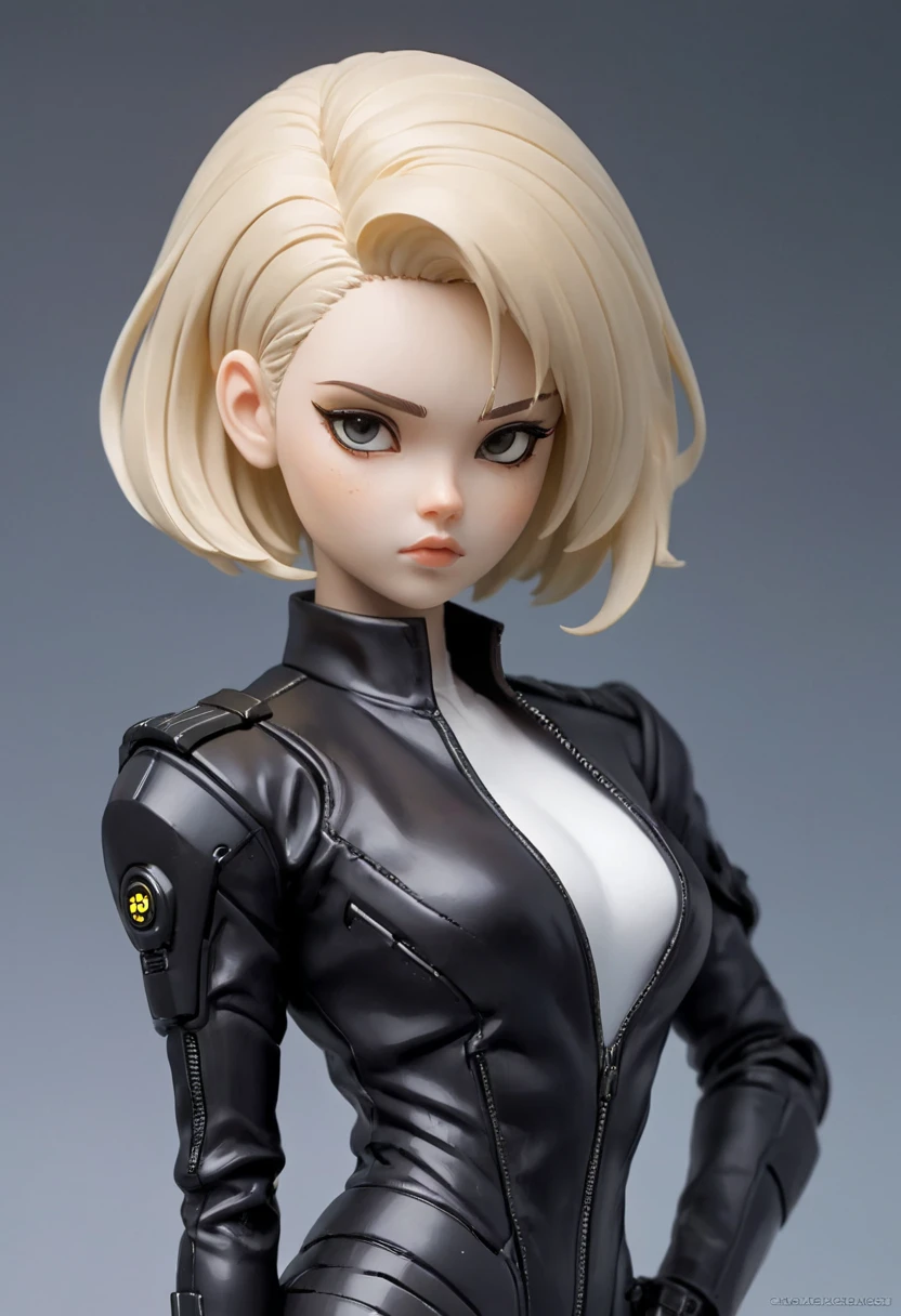 Anime style image of a woman with blonde hair, straight and short.green eyes, fair skin, delicate appearance, smiling reddened lips, small breasts, big ass and wearing a gray shirt and black leather pants. Full body --auto --s2