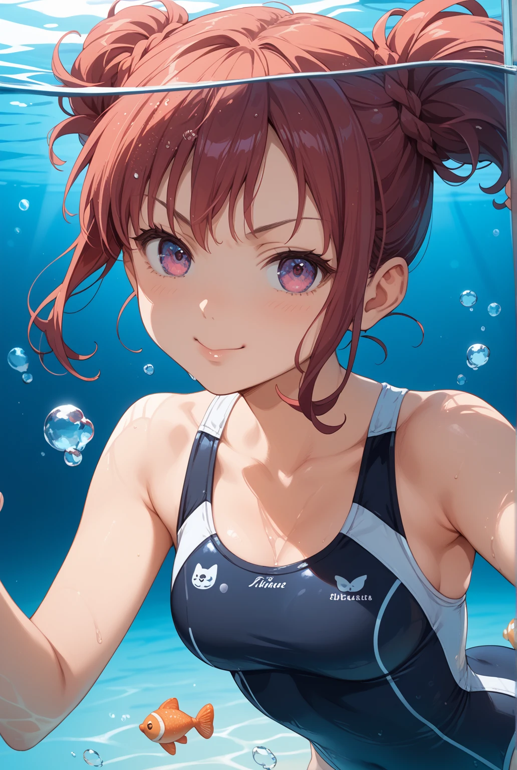 ((​masterpiece、top-quality:1.5、a high chroma:1.5、ultra-detailliert、high-resolution illustrations:1.5、Ultra-high-definition CG、8k size wallpaper、offcial art))、((from above:1.8)),(1woman,),(cute face:1.5,cute eyes:1.5)、((face:1.5)),((close to viewer:1.8,face only:1.5)),((Close to the viewer:1.8、only face:1.5))、
(grin:1.3)、(sexy body),((on back:1.8)),(competition swimsuit:1.5)、,(multicolored hair:1.5), (large breasts:1.5)、(Portrait:1.8),(portrait:1.8),(curvy:1.3)、(Portrait:1.8)
,(Shining amber eyes:1.5),(midsummer floating in an outdoor pool:1.5)、(upper body)、