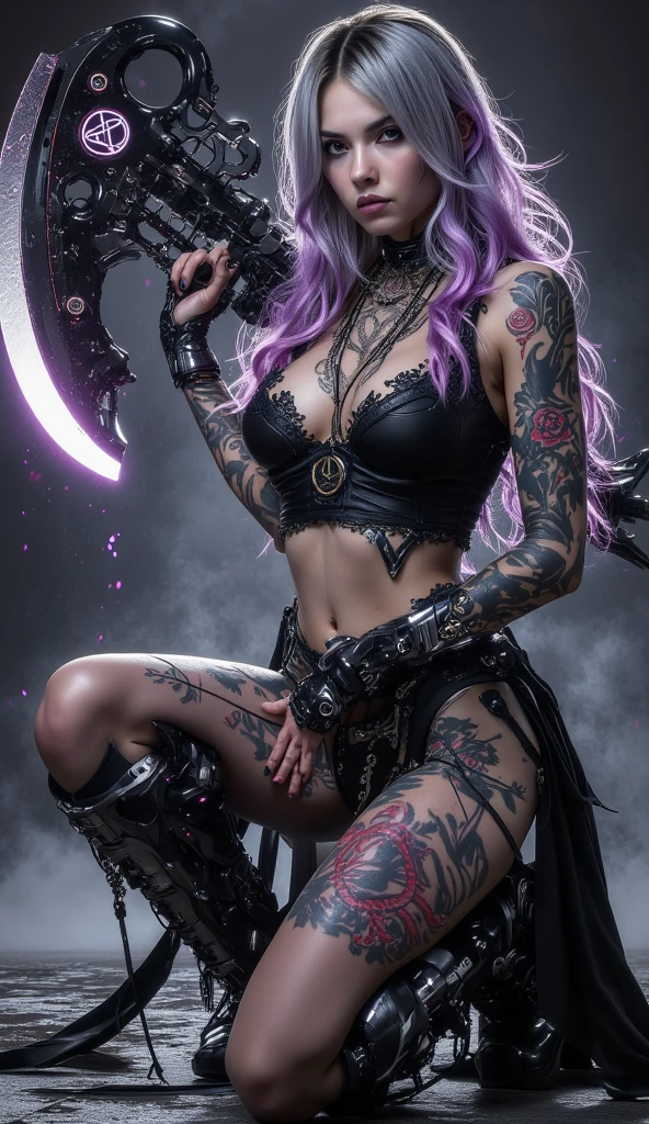 A female tattoo artist with a viking hairstyle, long flowing hair, and white and purple hair. Her hair is intricately braided with beads and feathers. She has piercing blue eyes that captivate anyone who gazes into them. Her lips are full and painted with a deep shade of red. She is wearing a leather apron, adorned with various tattoo machine accessories. The studio is filled with the buzzing sound of the tattoo machine and the scent of ink. Colorful tattoo designs are displayed on the walls, showcasing her artistic skills and creativity. The artist is working on a client's arm, carefully crafting a vibrant and detailed sleeve tattoo. The tattoo design incorporates elements of Norse mythology, with intertwining dragons and Nordic symbols. The lighting in the studio is dim, accentuating the vibrant colors of the tattoos and creating a mysterious atmosphere. The overall image quality is high-resolution, bringing out every intricate detail of the tattoos. The artwork has a realistic and vivid style, with the colors popping out and creating a visually stunning effect. The color palette consists of deep purples, blues, and hints of vibrant red, giving the image a mystical and enchanting vibe. The scene is illuminated by soft, warm studio lighting, casting subtle shadows and adding depth to the image. The artist's talent and passion are evident in her focused expression and precise movements as she creates her art. The overall atmosphere is that of creativity, artistry, and empowerment, capturing the spirit of a female tattoo artist in her element.
