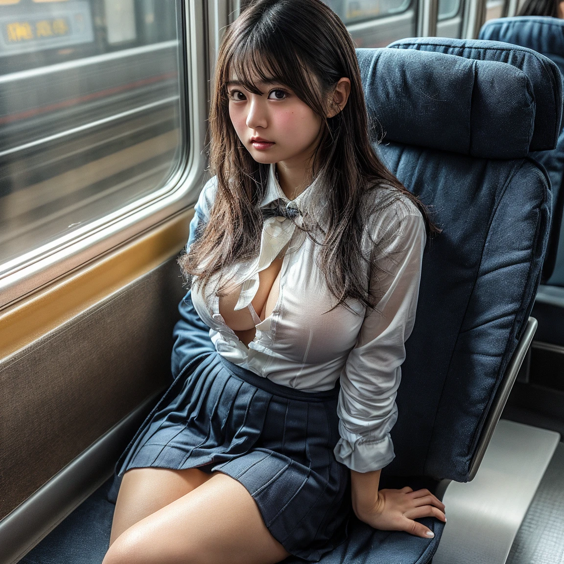 (((Misako Renbutsu)))Beautiful Young Female with ((Twin Braids) covering Bust) (Flashing Crotch) on ((Dusk Train)), (extremely delicate and beautiful) Detailed Closing Texture, Professional portrait of SemiNude photography, (((Unbuttoned WhiteShirt with beltbra:1.37)) White SkinnyShorts)Navel, (sitting_chair) {leaning back|(knee up to chest)}, (Motion blurred window){(Tyndall effect)|lens flare|Haze|bokeh} ZoomLayer (Oodles Blurred Colorful Lights (Starry particles)), (TopQuality Masterpiece of 8K Ultra-detailed DigitalPainting by Jeremy Lipking), (Clearly visible the Shape of Crotch), (extra leg:-1)