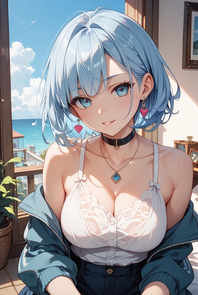 (masterpiece: 1.2, Highest quality), (Actual Photos, Intricate details), 1. woman, alone, Upper Body, bikini、Shoulder-length hair, Minimal makeup, Natural materials, Face close-up, smile, Home, (Light blue hair).blue eyes, Shoulder Bare、Smiling with teeth showing、(In the gap between my breasts).((sexy)).((Outdoor)).((Lace pattern clothing)).