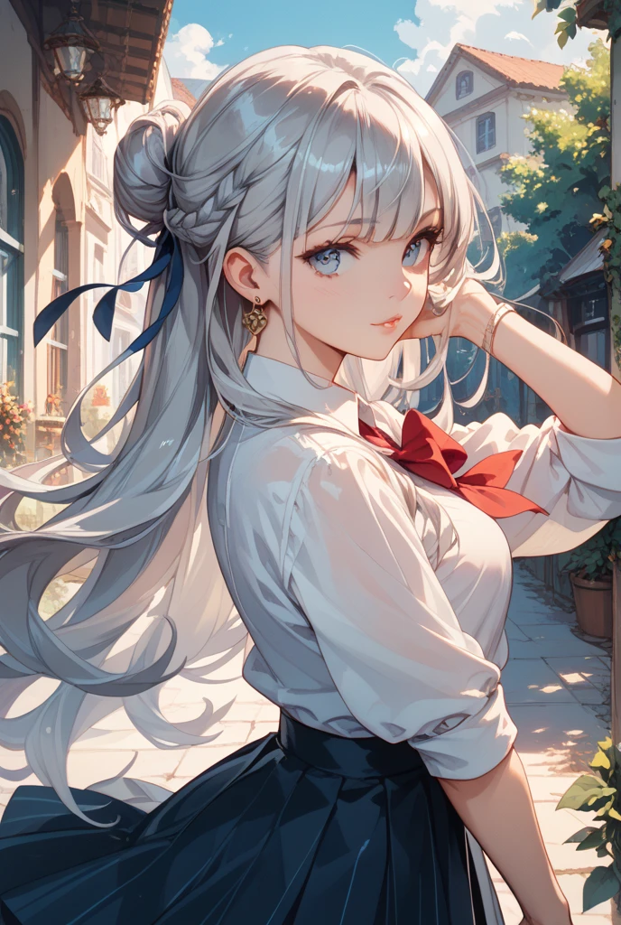 ((Biologically correct limb count))、((whole body including face))、4K、Masterpiece、((Focus on the face))、((Symmetrical, well-proportioned facial features))、Eyes with delicate depictions、(((1 person)))、Beautiful woman、Outstanding style、Slender Body、((Long flared skirt、shirt、(High heels)))、(Embarrassed look)、(Close-up photo of the upper body)、High angle、Photo with white border、Standing on the surface of a misty lake、