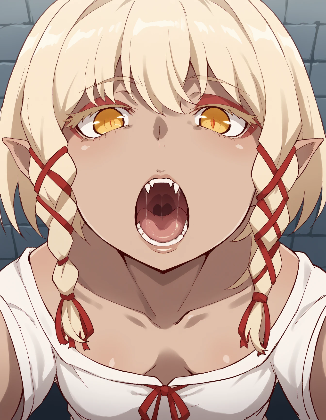 (safe:1.10), best quality, masterpiece, highres, solo, (kanna_bluearchive:1.10), portrait, looking at viewer, 14 , blush, open mouth, big mouth, tongue, tongue out, close up, saliva, uvula, uvula, room, mouth focus, excessive saliva, giantess, selfie, huge mouth, nude, indoors, large tongue, long tongue, one eye covered, sharp teeth,eye covered by hair