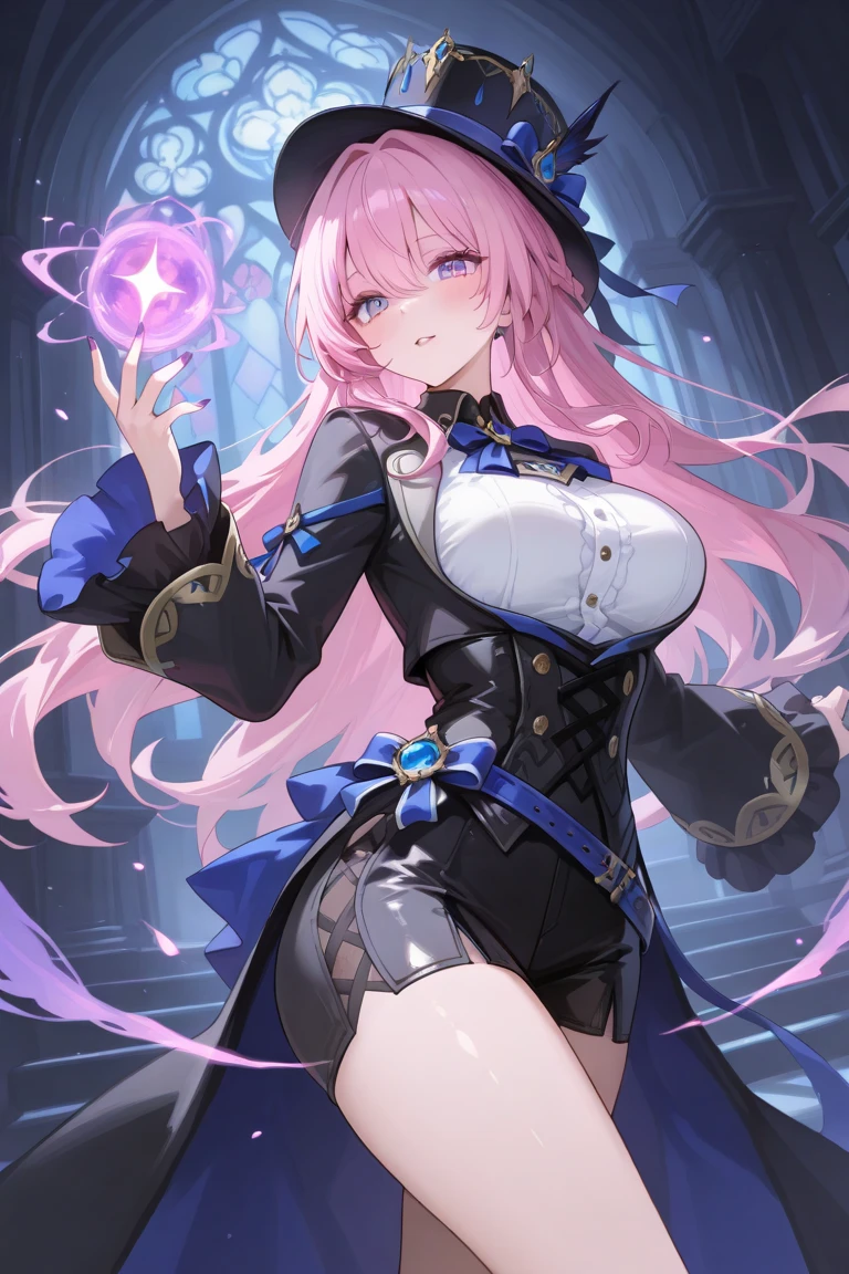 (1 Mature Alchemist,Age 35), ((Pub,guild)),(smile),Dynamic pose,Dynamic Angle,Pose for a photo,From below,Elderly woman、Trading Card Game Frames、Highest Rare、Five Fingers、Signature mark、Big Butt、Pink Hair、Alchemist、Spell Card、Cape、Perky ass
