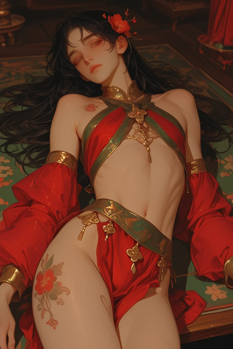 perfect realistic photo, best possible quality, photo seen from above, a beautiful woman, she is naked with curly hair lying on a red satin bed, she has round and small breasts, open legs, showing her crotch and hairy pussy, she smiles mischievously, green eyes fixed, sexy, sensual