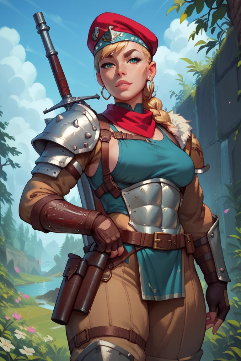 ((masterpiece, highest quality, Highest image quality, High resolution, photorealistic, Raw photo, 8K)), ((Extremely detailed CG unified 8k wallpaper)), (huge stunning goddess shot, very hot and sexy, jaw-dropping beauty, perfect proportions, beautiful body, slim body beauty:1.4), arafed woman in armor holding a sword and shield, portrait of a barbarian female, north female warrior, a very beautiful berserker woman, north adult female warrior, female barbarian, female warrior, portrait of a barbarian woman, barbarian warrior woman, very beautiful female barbarian, barbarian class, portrait of a woman warrior, rpg portrait concept art, (beautiful warrior, holding short sword and small shield, Wearing a red scarf, leather armor), (blonde hair, blue eyes, dark skin), (amphitheatre, Fighting while being watched by the crowd, motion blur), movie poster, large "INFINITY" written at bottom of screen,