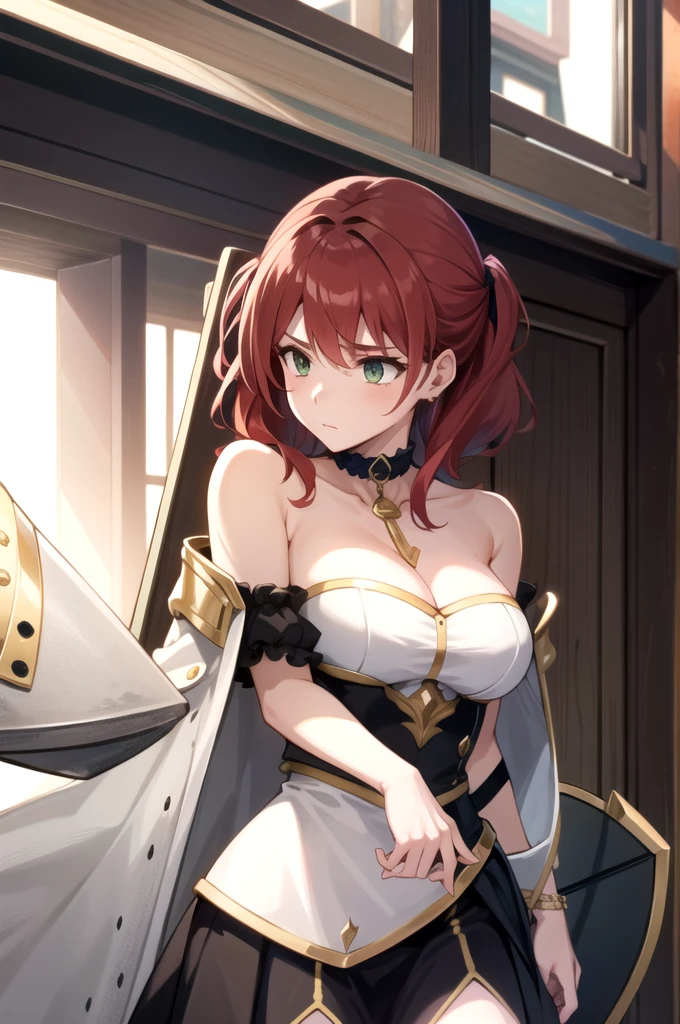 malty, bitch medium breasts, red hair, beautiful face, green eyes,, jewelry, earrings, complex detailed background, casino environment, fancy interior environment, rich
interior, masterpiece, best quality, highly detailed, a anime girls in maid uniforms with a gun posing for a
picture, maid outfit, cleavage, evil smile, smile, open mouth ,ecchi anime style, anime girls, ecchi style,
ecchi, digital anime art!!, in anime style, official artwork, (nsfw) not safe for work, beautiful anime maid
girl, anime style 4 k, micro skirt, exposed belly, exposed navel, exposed midriff, exposed lower belly,
holding a gun