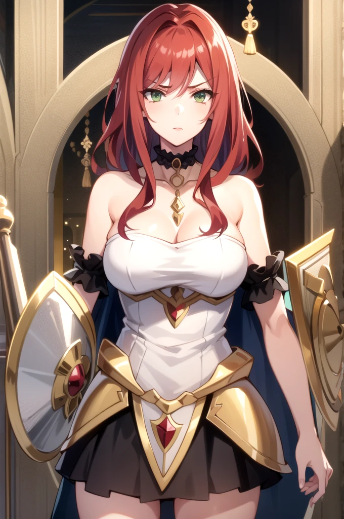 beautiful girl, Bright red hair, Detailed purple eyes, ((White underwear-like armor 1.3))、(( Large Breasts:1.2))、Red Cape、Gold Necklace、Golden earrings、In close range
