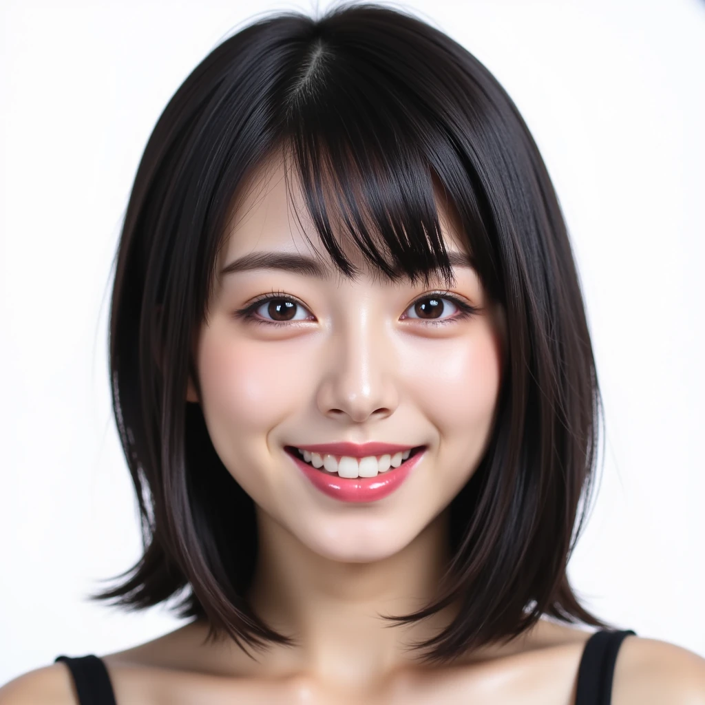 8k, raw photo in hdr, sharp focus, intricate texture, detailed face, burst out laughing, (pudding face), japanese girl, asian eyes, (partial double eyelids), slit eyes, narrow eyes, turime, deep-set eyes, flat nose, pudding cheeks, (forehead:1.1), thin hair, flipped hair, angled bob, light brown hair, thin eyeblow, no makeup