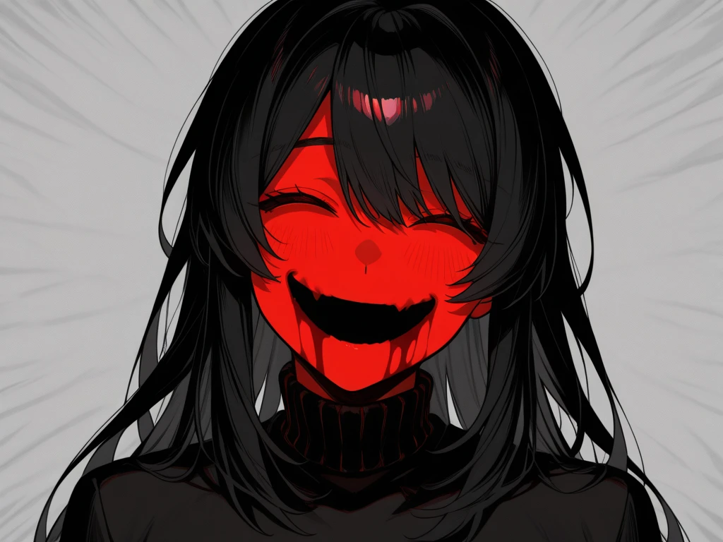 Masterpiece, absurdly top quality illustration, background filled with red light particles, 1 girl with red, abnormally long hair standing, shaggy hair, bangs long enough to hide her face, mouth is ripped open to ears, mouth smiling wryly, big mouth, open mouth, (can see the back of throat with bright inside), creepy, upper body, scary atmosphere, (close up to the mouth 1.2),