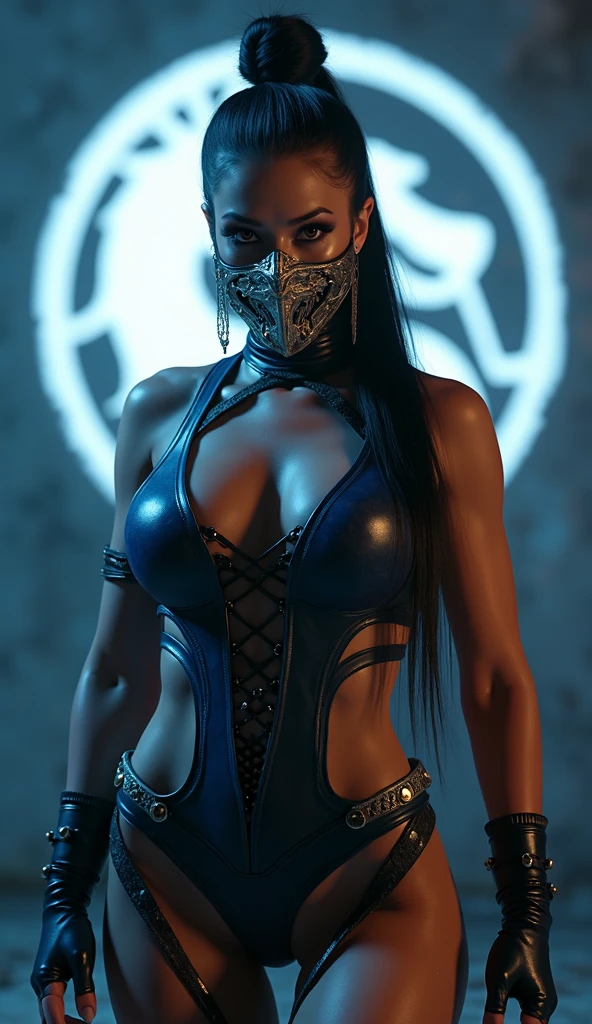 mileena from mortal kombat, masked, full body, beautiful detailed eyes, beautiful detailed lips, extremely detailed face and skin, long eyelashes, deadly assassin, dark fantasy, gothic, chiaroscuro lighting, moody atmosphere, dramatic pose, mysterious, cinematic, (best quality,4k,8k,highres,ultra-detailed,(realistic,photorealistic,photo-realistic:),vibrant colors,dramatic lighting,full body