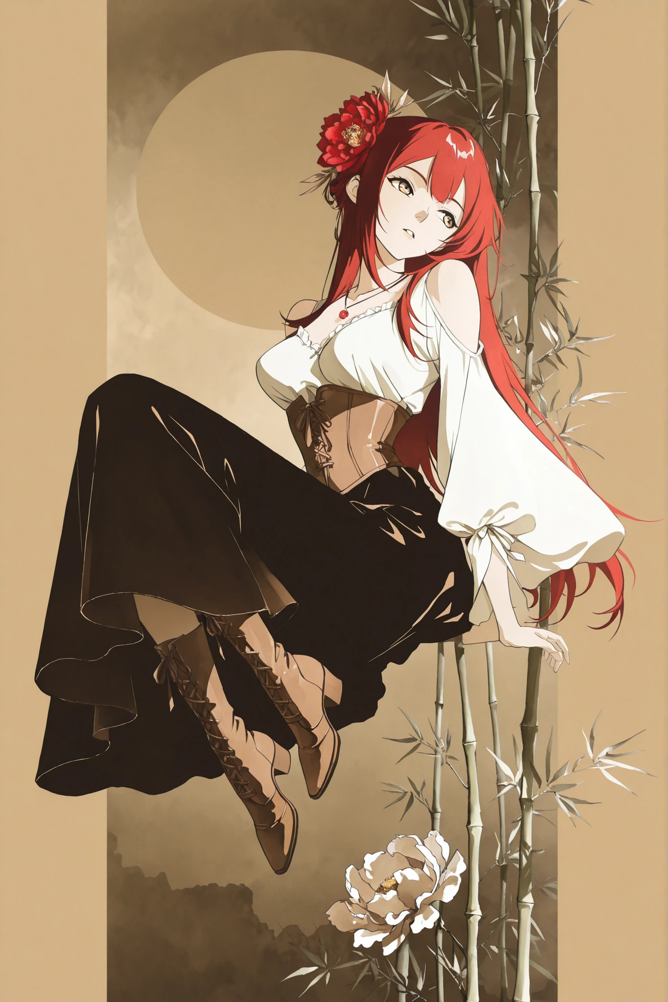 nikki (series), ArsMJStyle, Zen Ink Wash Sumi-e, 1 girl ,golden eyes , very long hair , long sidelocks, red hair ,half updo, petite , very cute , beautiful ,Straight hair, cool, handsome, hair ween eyes, , mediumlarge breast, cool, beautiful, hair flower, Canna-Lilie, light brown vintage blouse with open shoulders and lantern sleeves, brown vintage-gothic lace-up corset, long black gothic skirt with ruffles, heeled boots, white theme, light brown theme, necklace, bamboo, flower, hair flower, red flower, peony (flower), hair ornament, weimao, hagoromo, yaopei, zhijupao, leg ribbon, solo, full body, sitting, head tilt, looking away, parted lips, from side, ((dynamic angle)), dynamic pose, outdoors, nature, (blending, surreal:1.3), masterpiece, best quality, amazing quality, very aesthetic, 8k, HDR, cinematic,