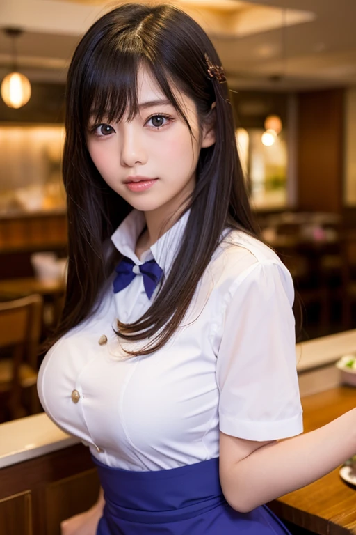 Enhanced dynamic perspective，Cute cute beautiful girl，((Waitress))、tutu skirt, (Stockings)、Look at me and smile，simple backgound，Works of masters，high quarity，4K resolution，super-fine，Detailed pubic hair，acurate，Cinematic lighting，Leaves the original facial proportions、(Huge breasts:1.5)、 pile-driver, Spread legs, legs up, Hold your own thighs,