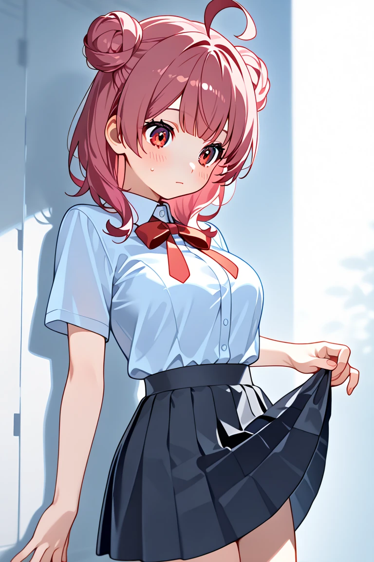 , breasts small, patterned cotton panties, fabric realistic, red face