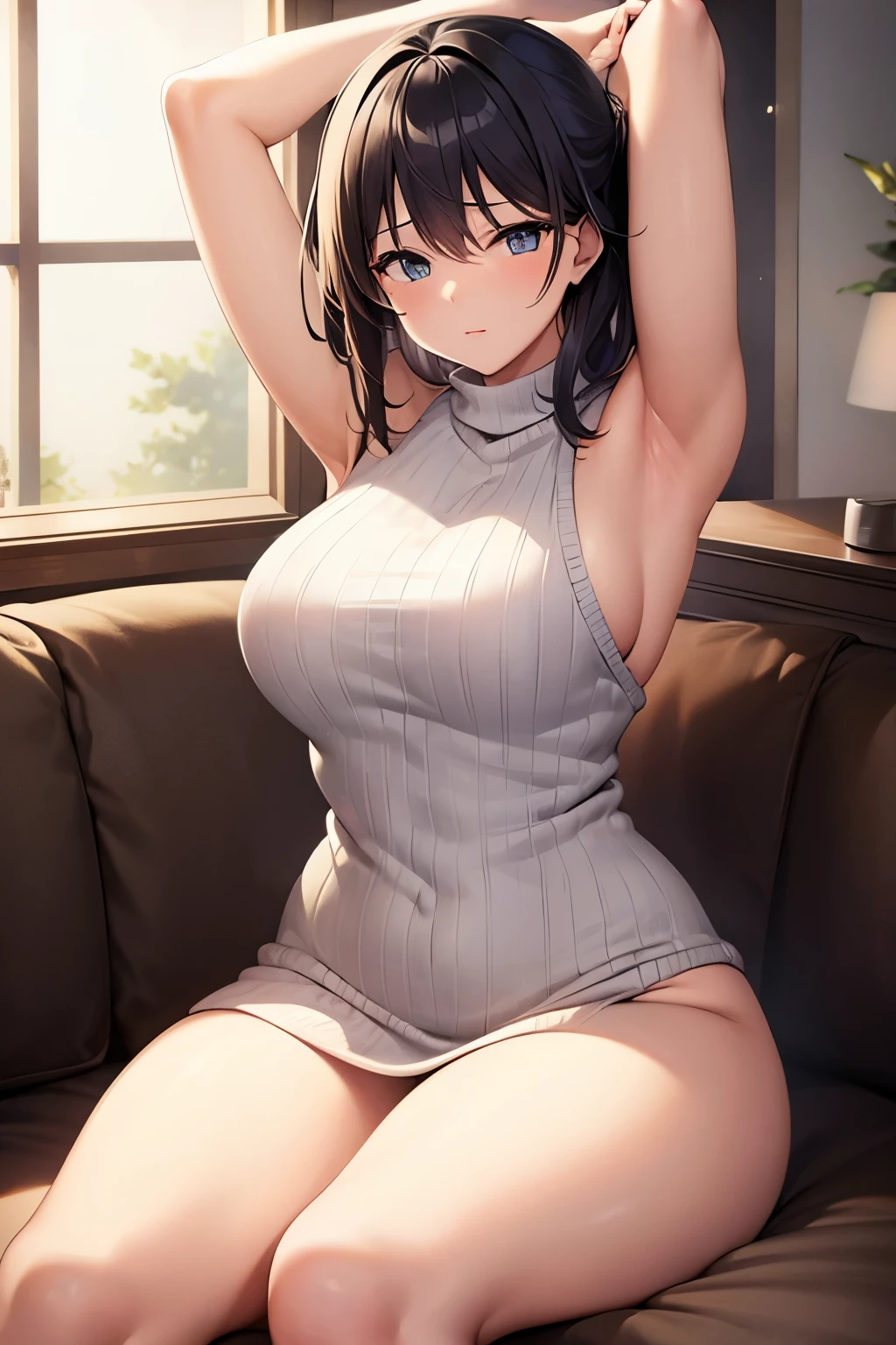 Female, Voluptuous, Sitting, Sideboob, Armpit, (No pants), (No panties)