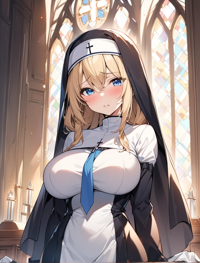 tall body, tall, long legs, mature female, mature, adult, eft_FireForce_Priest, 1girl, blonde hair, habit, blue eyes, nun, solo, own hands together, gloves, short hair, white gloves, looking at viewer, upper body, parody, bangs, huge breasts, large breasts, giant breasts, big breasts, cleavage, lot of cleavage, full frame photo, upper shot, head in frame, shy smile, hands behind back, black bra, Giant breasts