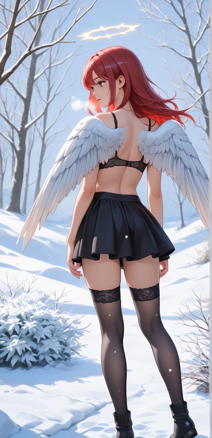 high quality instagram photo, full body of a Scandinavian girl, 20 years old, red hair, sexy, green eyes, freckles, cute face, (large breasts), big ass, Elf woman with bunny ears, short ponytail, hair bow, maid clothes, stockings, butterfly wings, shy and mischievous face, Snowy pine forest at night with dark stormy clouds, winter, Bright winter decorations, laying down