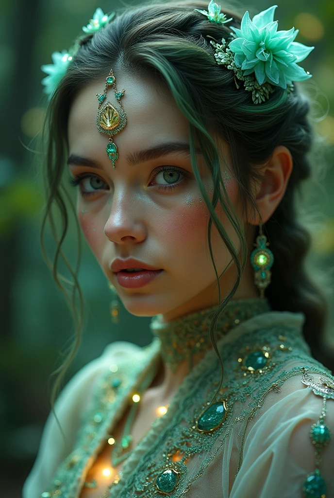 (((full body))), hands over head, hands behind head, posing for camera, ((masterpiece, best quality)), beautiful bimbo blonde galadriela wood elf with long face and ((tribal tattoos)) in ((highly intricate detailed white lace robe and green and golden and silver inserts)), wearing ((highly intricate detailed lingerie made of plants and flowers with diamonds and ruby)), (in lorien forest )++, (((( firefly worms)))), the goddess of life, full lips, high resolution, bimbo elf, (huge tits)++, detailed, sharp resolution, (high detailed skin:1.2), 8k uhd, dslr, dark soft lighting, high quality, film grain, Fujifilm XT3