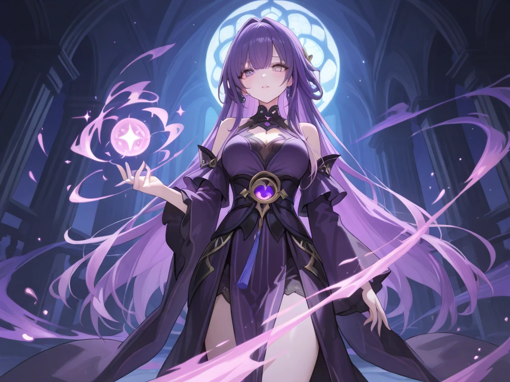 an elf mage, long purple hair, large breasts, exposed thighs, hair between eyes, heroic posture, purple eyes, full body, dark blue and purple robe, confident, fantasy, medieval, magic, night, lens reflection, glow