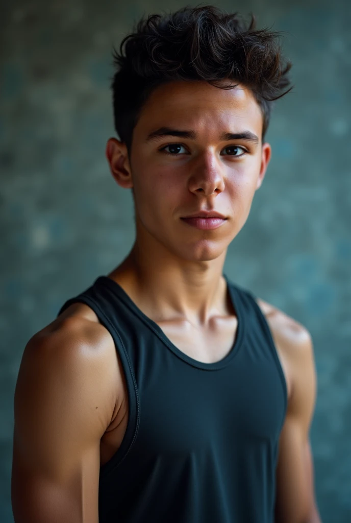 sweaty skater boy, 15 years old, wearing tank top, arm behind head, some dark wispy armpit hair, lean, not muscular