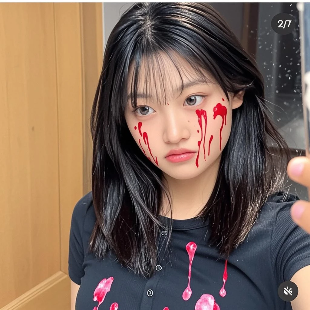 a close up of a person with a bloody face and a microphone, cruel korean goth girl, scary look, ulzzang, bloody face, y 2 k cutecore clowncore, wan adorable korean face, scary face, creepy aesthetic, ahegao face, clean brutal blooded face, with fangs, jaeyeon nam, ruan cute vtuber, horror aesthetic