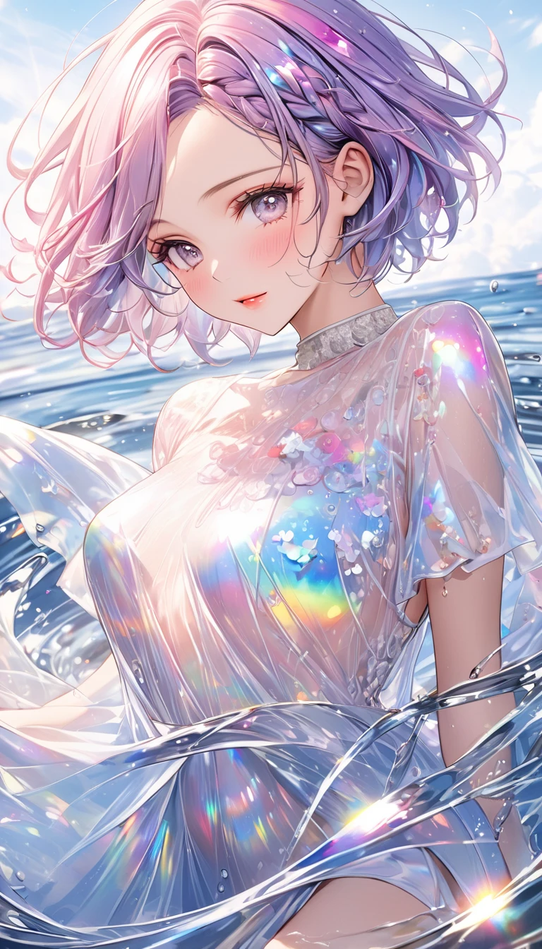best quality, super fine, 16k, incredibly absurdres, extremely detailed, 2.5D, delicate and dynamic depiction, beautiful woman, amorous and lewd expression, white messy wavy fine braided short hair, forehead, make-up, superlative body proportion, ripples in water, transparent, translucent, prisms, iridescent sequins, dancing letters, portraits, prime lenses, lens filters, clear subject, background sky, heaven, heavenly, soft pastel color image effects