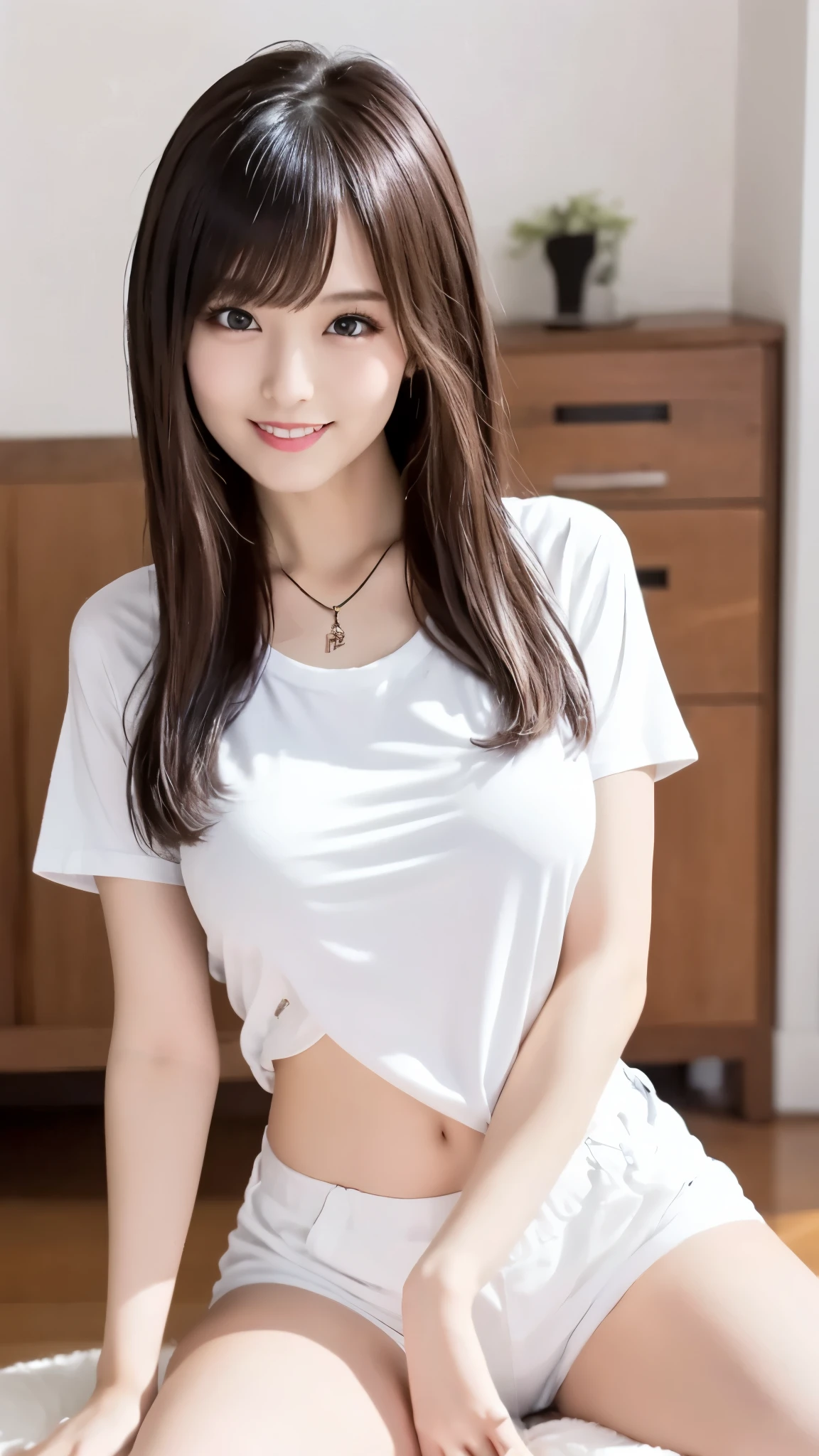 (Perfect Face:1.1), (Attention to detail:1.1),(Highest quality, masterpiece:1.2), Ultra-high resolution、One person、,stand..Teen、Puberty、Polka dot underwear、Sexy images worth seeing、 ()Very detailed, Realistic, P金traiture, Bright col金s, Fine sentences、Wavy Hair、Black Hair、bangs、Long Hair、head band、Nogizaka Idol、A little blush、Beautiful and kind eyes、Strong smile。、Proactively、classroom、'you'、the body is slim、Small breasts 。Baby Face、relax、Victory smile 、Random color underwear、Non-NSFW images、Her parents are watching off-camera...。Random color underwear、One person。(Full body image)Also in a bra、Within reason