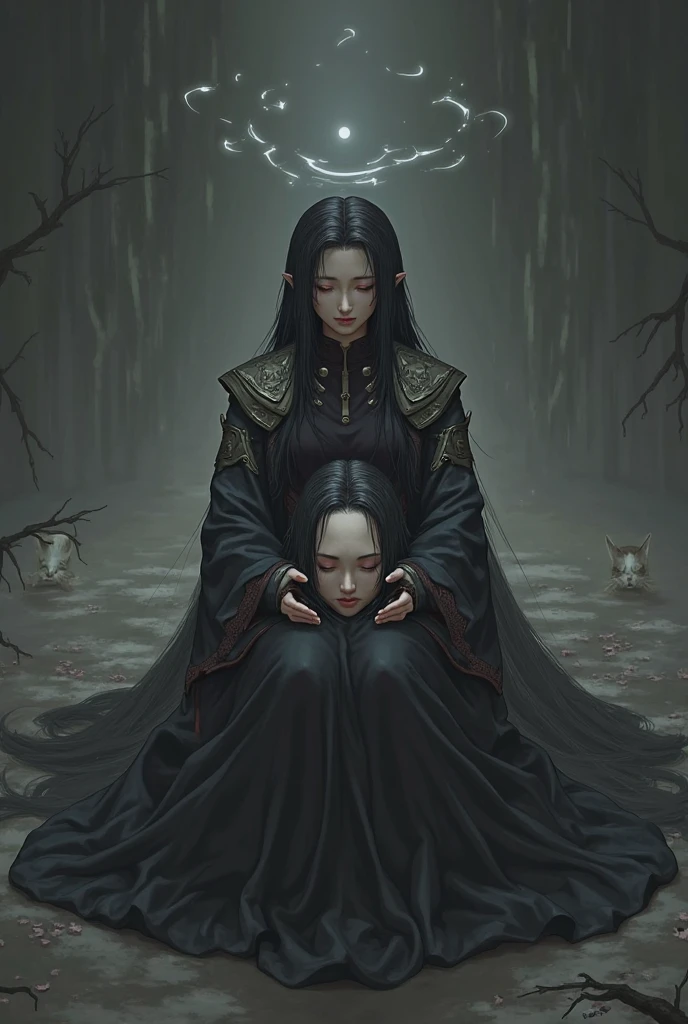 masterpiece, best-quality, realistic, detailed, dramatic light, horror art, gore, 1girl, Sadako, very long black hair, fitnes body, huge large breasts, rotten gray-blue skin, wearing a white dress, coming out of a well, a haunted forest as background,