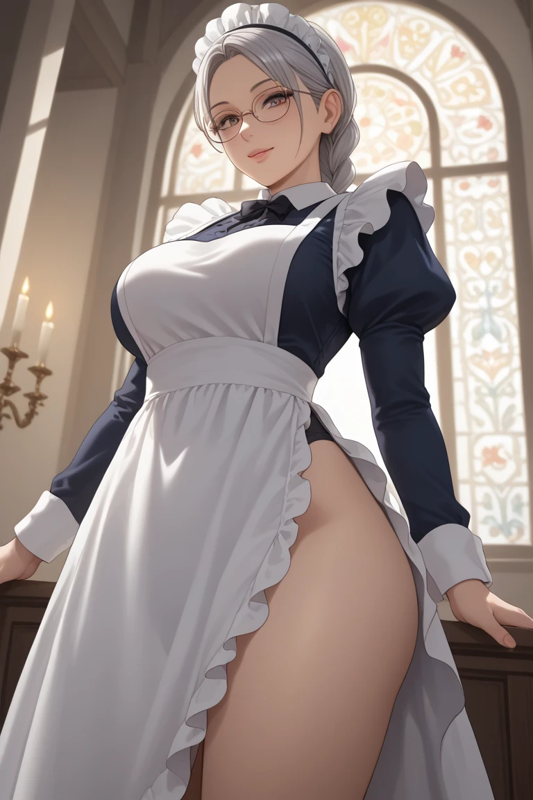 ((Masterpiece, best quality, high quality, highly detailed background)), ((chapel bedroom:1.3, medieval village window view, blue sky:1.3)), ((Nausicaa, mature female, white veil:1.1, white arm gloves:1.1, white stocking:1.1, (nude:1.3), large breasts:1.3)), ((shy, closed mouth, blushing)), ((cowboy shot, standing in front of the bed, sexy pose, (face focus), looking at viewer))
