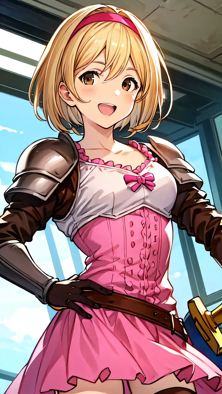 {{{masterpiece}}}, (best quality:1.5), (ultra-detailed:1.5), {illustration}, {{an extremely delicate and beautiful}}, (beautiful detailed eyes:1.6), absurdres, highres, extremely detailed face, 16k, hd, visual anime de uma jovem mulher, extremamente bonito rosto de anime, anime melhor garota, (perfect hands, perfect anatomy), anime face, djeeta, djeetadef, solo, 1girl, cute face, blonde hair, short hair, (brown eyes:1.7), very big eyes, thin waist, big hips, curvaceous, BREAK, pink hairband, pink dress, pink skirt, brown thigh boots, collarbones, gauntlets, armor, thighs, zettai ryouiki, BREAK, {{holding a sword}}, ready your sword, long sword, smiling, looking at viewer, open mouth, flushed cheeks, flash effect, indoor, dungeon, aisle, upper body, peer in from below