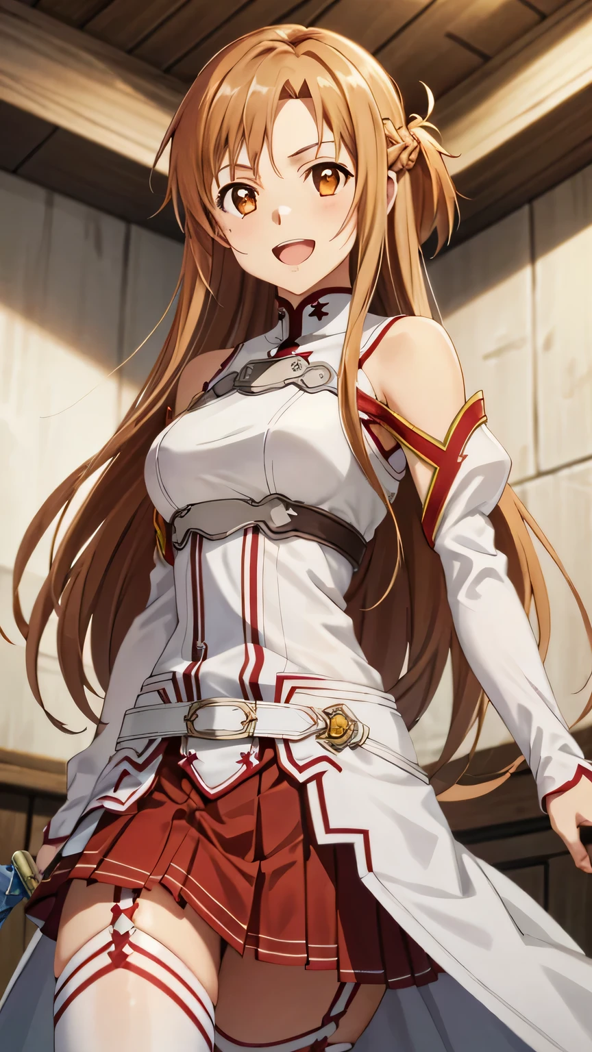{{{masterpiece}}}, (best quality:1.5), (ultra-detailed:1.5), {illustration}, {{an extremely delicate and beautiful}}, (beautiful detailed eyes:1.6), absurdres, highres, extremely detailed face, 16k, hd, visual anime de uma jovem mulher, extremamente bonito rosto de anime, anime melhor garota, (perfect hands, perfect anatomy), (five fingers:1.3) anime face, Yuuki Asuna(Sword Art Online), aaasuna, Eft_sao_asuna, 1girl, solo, cute face, very long hair, brown hair, braid, half up, sidelocks, swept bangs, black pupils, (brown eyes:1.8), medium , big hips, curvaceous, BREAK, {Knights of the Blood Costume}, bare shoulders, white armor, ( plate:1.3), white sleeves, detached sleeves, white sword belt, (red skirt:1.2), pleated skirt, mini skirt, white loincloth, white thighhighs, thighs, zettai ryouiki, BREAK, open mouth, smiling, female swordsman, weapon, word, rapier(Lambent Light), long thin sword, (Sword_Helm:1.3), (hold a sword with one hand:1.5), indoor, dungeon, aisle, upper body, composition from an angle